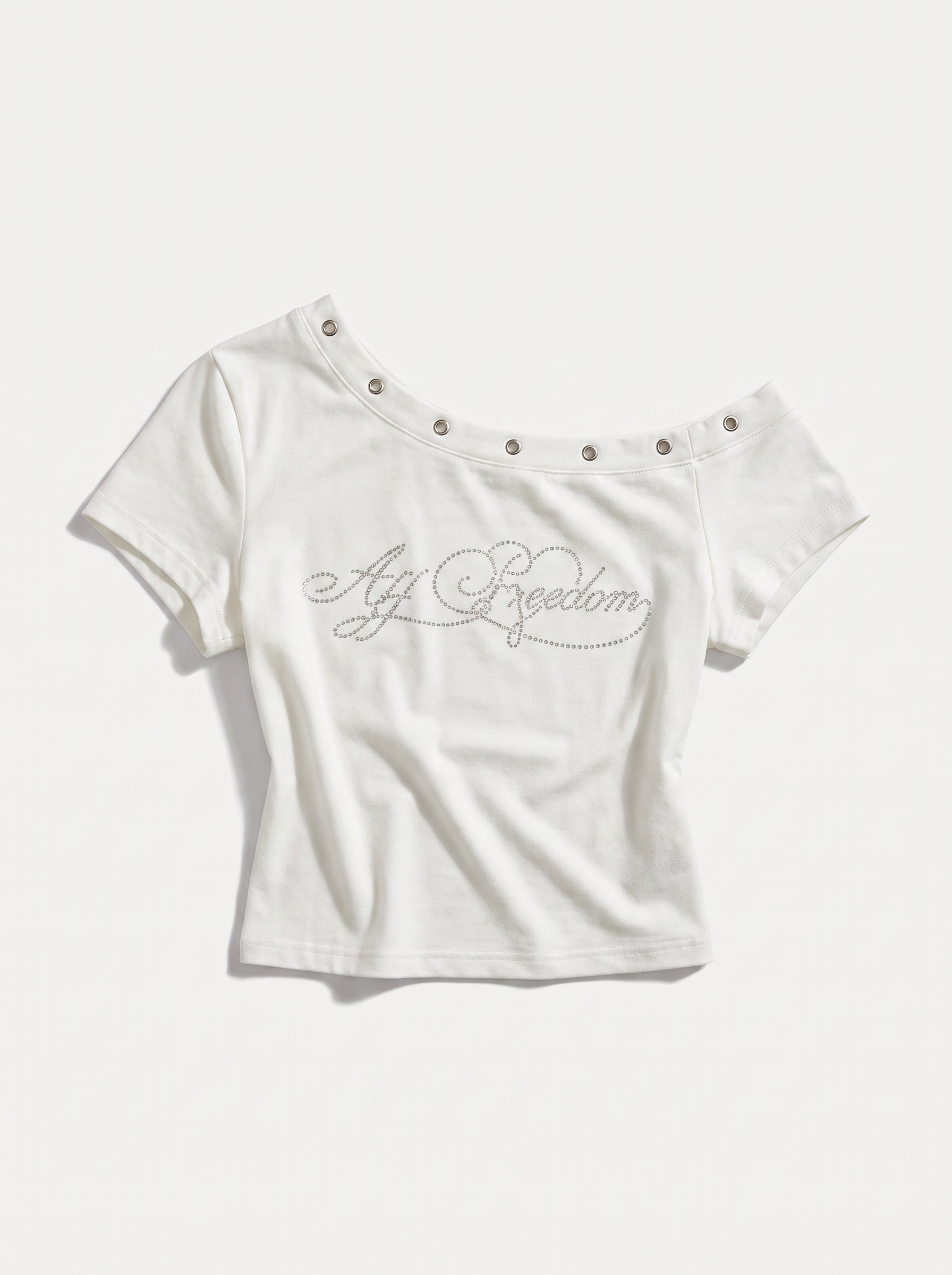 ラインストーンロゴオフショルクロップドTシャツ