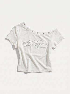 ラインストーンロゴオフショルクロップドTシャツ