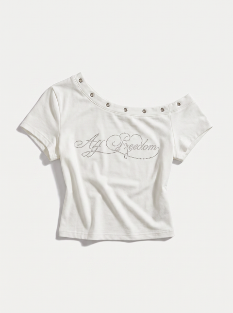 ラインストーンロゴオフショルクロップドTシャツ