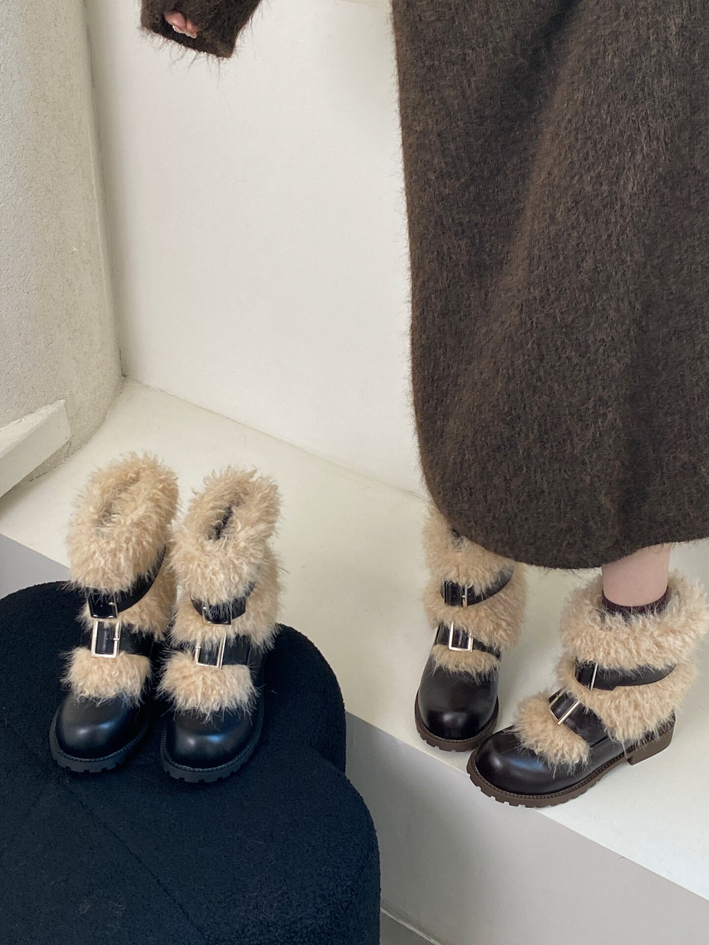 ファーバックル厚底ショートブーツ
