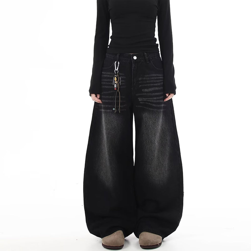 クロス刺繍ワイドバギーデニムパンツ