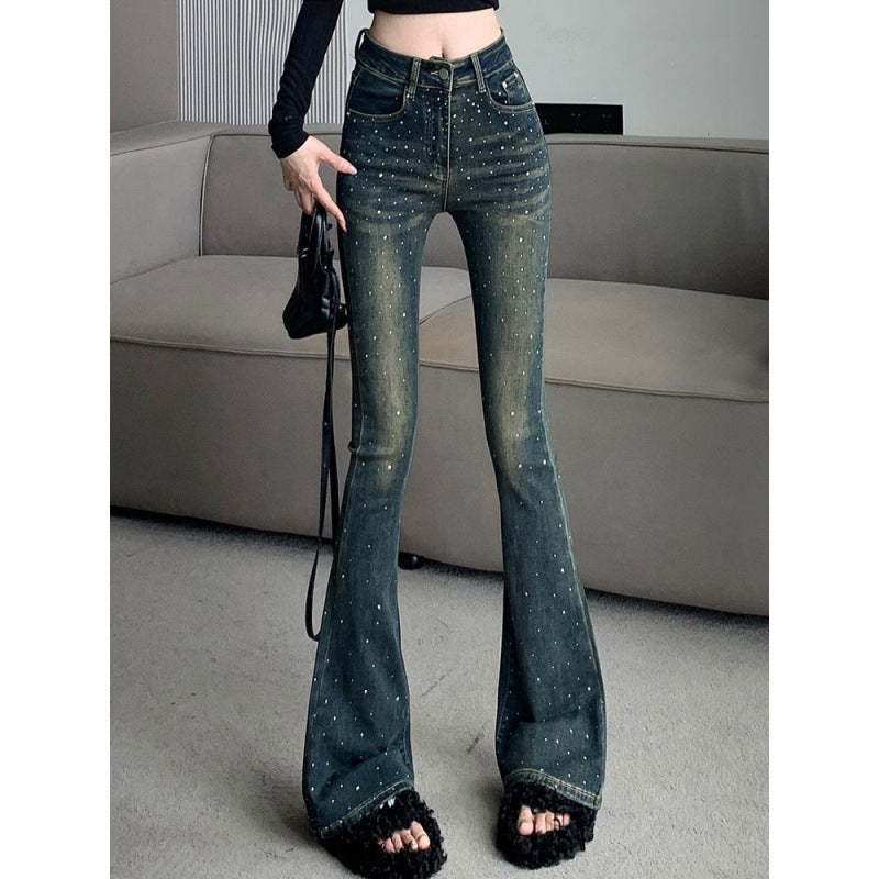 ラインストーンフレアデニムパンツ