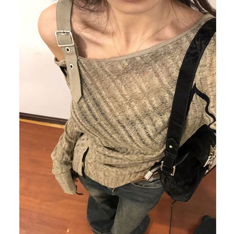 Y2Kレイヤードワンショルダートップス
